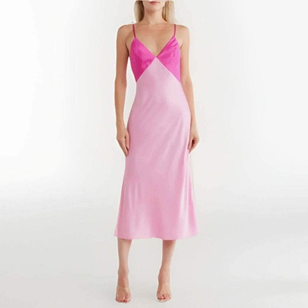 Anthropologie Hutch Satin Midi Slip Dress Pink Fuschia Wedding Guest Large NWT